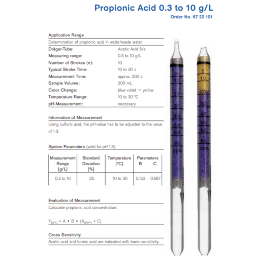 Draeger Propionic Acid 0.3 to 10 g/L Tube 6722101 Specifications HAZMAT Resource