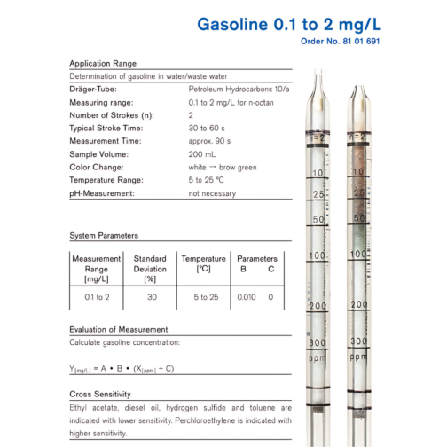 Draeger Gasoline 0.1 to 2 mg/L Tubes 8101691 Specifications HAZMAT Resource