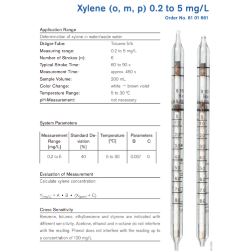 Draeger Tube Xylene (o, m, p) 0.2 to 5 mg/L 8101661 Specifications HAZMAT Resource