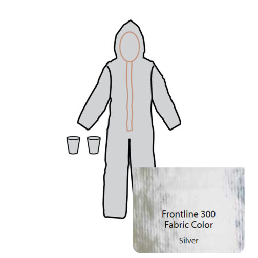 Frontline 300 Coverall. Attached Hood with Front Zipper Entry with LongNeckTM Respirator-Fit Closure, Double Storm Flaps with FR Hook & Loop Closure, Glove Cone Inserts.Heat Sealed/Taped Seams.