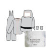 Jacket with Zipper Front, Double Storm Flaps with FR Hook and Loop Fasteners, Glove Cone Inserts. Bib Trouser with Adjustable Webbing Straps and Snap-Lock Fasteners. Hood with Flat Back and FR Hook and Loop Fasteners and 40 mil PVC Visor.