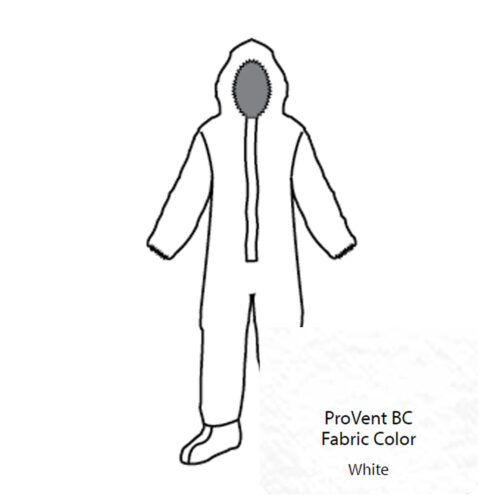 ProVent Berry Compliant Coverall. Attached Hood with Elastic Face Opening, Front Entry Zipper with LongNeck™ Respirator-Fit Closure, Skid Resistant Boots and Elastic Wrists. Serged Seams.