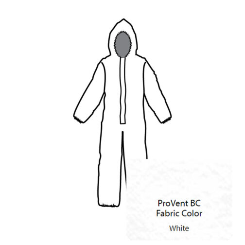 ProVent Berry Compliant Coverall. Attached Hood with Elastic Face Opening, Front Entry Zipper with LongNeckTM Respirator-Fit Closure, Single Storm Flap with Adhesive Tape Closure, Elastic at Back Waist, Wrists, and Ankles. Serged Seams.