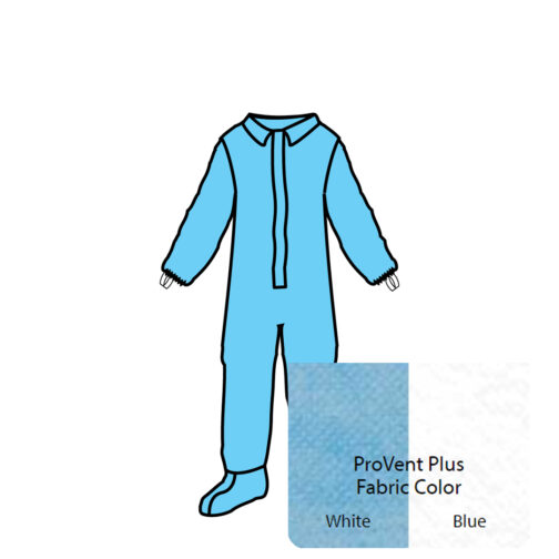 ProVent Plus Coverall. Collar, Front Entry Zipper, Single Storm Flap with Adhesive Tape Closure, Elastic at Back Waist, Elastic Ankles and Wrists (with Finger Loops) and Attached Sock Booties. Heat Sealed/Taped Seams.