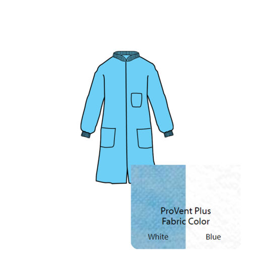ProVent Plus Lab Coat. Full Cut, Front Entry with 6-Snap Fasteners Closure, Knit Collar and Cuffs, 3 Sewn-On Pockets (1 Breast and 2 Hip). Serged Seams.
