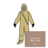Zytron 300 NFPA 1992 Certified Splash Protective Coverall. Attached Hood with Elastic Face Opening, Front Entry Diagonal Splash Resistant Coated Zipper, Double Storm Flaps with Hook & Loop Closure, and Sock Booties with Splash Guards. Heat Sealed/Taped Seams.