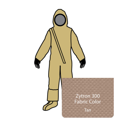 Zytron 300 Coveralls Front entry, diagonal urethane coated zipper with double storm flaps and hook and loop fasteners, elastomeric face seal on hood, attached 2N1 gloves, attached sock booties with splash guards kappler hazmat resource