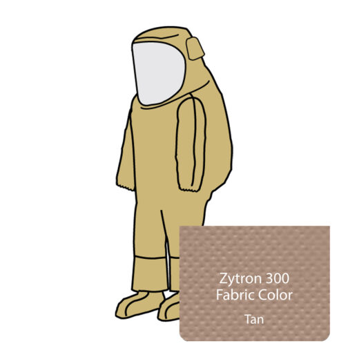 Zytron 300 Encapsulating Suit Z3H571 splash Rear entry, expanded back, large PVC Visor, 1 exhaust port, elastic wrists, attached sock booties with splash guards, double storm flaps with hook and loop fasteners, cloth zipper heat sealed taped seam kappler hazmat resource
