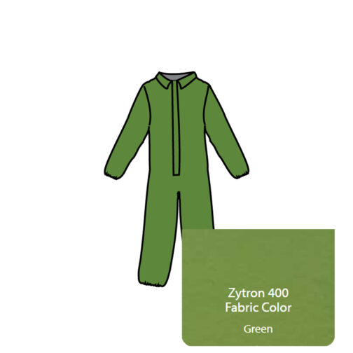 Zytron 400 Coverall. Collar, Front Entry Zipper with, Double Storm Flaps with Hook & Loop Closure, Elastic Wrists and Ankles. Heat Sealed/Taped Seams.