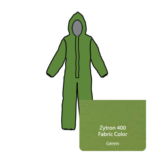 Zytron 400 Coverall. Attached Hood with Elastic Face Opening, Front Entry Zipper with LongNeckTM Respirator-Fit Closure, Double Storm Flaps with Hook & Loop Closure, Elastic Wrists and Ankles. Heat Sealed/Taped Seams.
