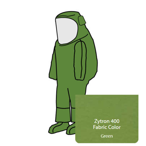 Zytron 400 Splash Total Encapsulating Suit. Rear Entry Zipper, Double Storm Flaps with Hook & Loop Closure, Large PVC Visor, Expanded Back, Elastic Wrists, Attached Sock Booties with Splash Guards and 1 Exhaust Port. Heat Sealed/Taped Seams.