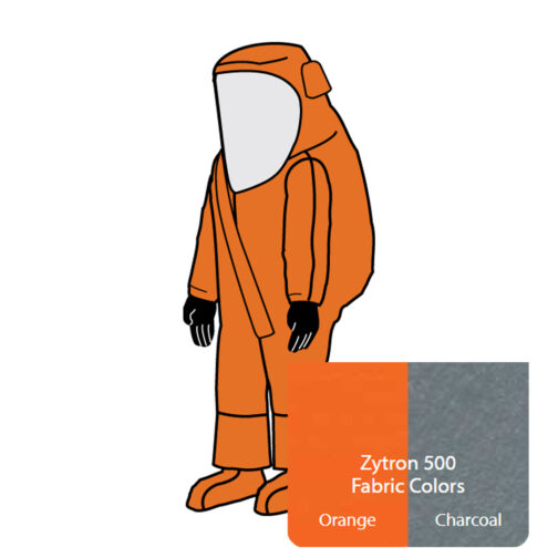 Zytron 500 Vapor Total Encapsulating Suit. Front Entry AquaSeal® Gas-Tight Zipper, Double Storm Flaps with Hook & Loop Closure, Expanded View AntiFog Visor System, Expanded Back, Attached Field Replaceable Butyl Gloves, Attached Sock Booties with Splash Guards and 2 Exhaust Valves. Heat Sealed/Taped Seams