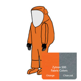 Zytron 500 Vapor Total Encapsulating Suit. Rear Entry AquaSeal® Gas-Tight Zipper, Double Storm Flaps with Hook & Loop Closure, Expanded View AntiFog Visor System, Expanded Back, Attached Field Replaceable Butyl Gloves, Attached Sock Booties with Splash Guards and 2 Exhaust Valves. Heat Sealed/Taped Seams